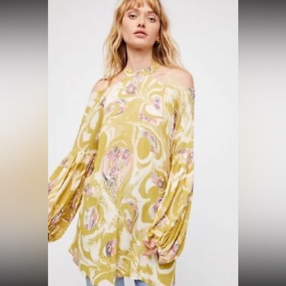 Free People Gold Drift Away Tunic Dress Oversized Blouse Chartreuse Size XS - Picture 9 of 9